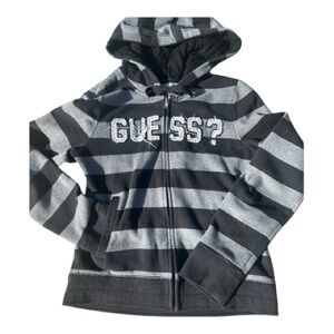 Guess Black and Gray Striped Full zip Hoodie Jacket Long Sleeve Sparkle Logo